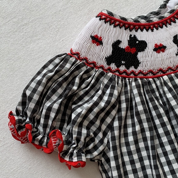 Marmellata Smocked Rickrack Gingham Dress Scottie Dogs, Black, White, Red, 3T - Picture 5 of 12